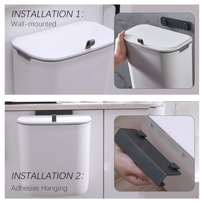 Compost Bin, 2.5 Gallon Hanging Trash Can with Lid, Kitchen Cabinet Door Under Sink Plastic Garbage Can Wall Mounted Slide Open, White
