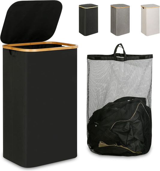 Laundry Hamper with Lid - Waterproof Freestanding Laundry Basket with Removable Liner Bag, Collapsible 110L Large Clothes Storage Laundry Bin with Easy Carry Bamboo Handle for Clothes Toys Organizer