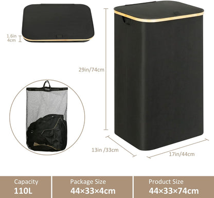 Laundry Hamper with Lid - Waterproof Freestanding Laundry Basket with Removable Liner Bag, Collapsible 110L Large Clothes Storage Laundry Bin with Easy Carry Bamboo Handle for Clothes Toys Organizer