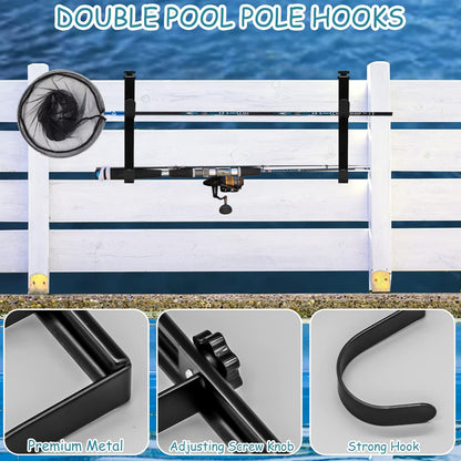 2Pcs Adjustable Pool Pole Hanger, Double Pool Hooks for Poles, Mental Pool Fence Hooks for Hanging Pool Equipment Hooks, Pool Pole Hooks for Pool Skimmer Pole Pool Hose, Wall Pool Tool Holder (Black)