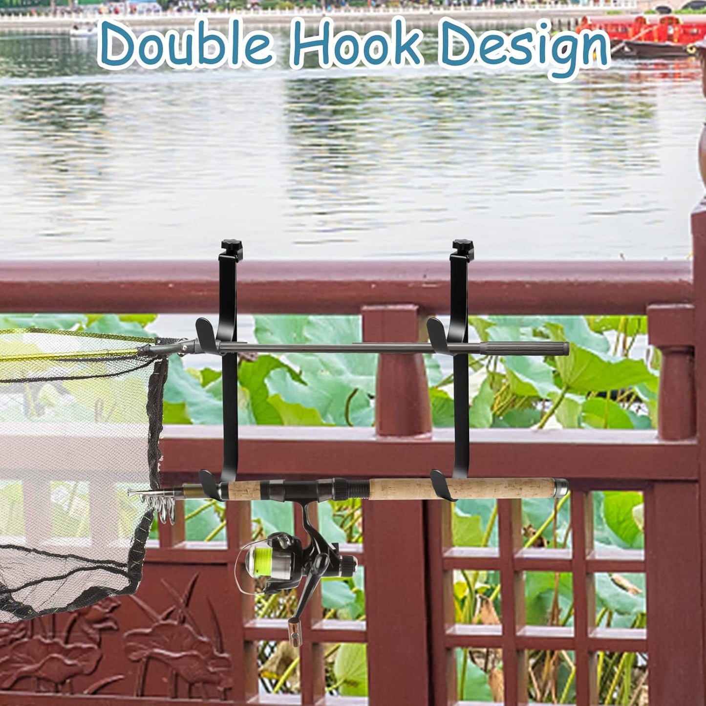 2Pcs Adjustable Pool Pole Hanger, Double Pool Hooks for Poles, Mental Pool Fence Hooks for Hanging Pool Equipment Hooks, Pool Pole Hooks for Pool Skimmer Pole Pool Hose, Wall Pool Tool Holder (Black)
