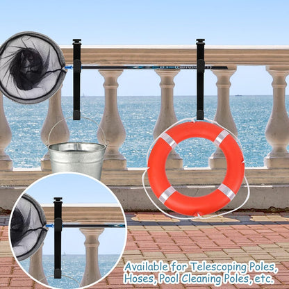 2Pcs Adjustable Pool Pole Hanger, Double Pool Hooks for Poles, Mental Pool Fence Hooks for Hanging Pool Equipment Hooks, Pool Pole Hooks for Pool Skimmer Pole Pool Hose, Wall Pool Tool Holder (Black)