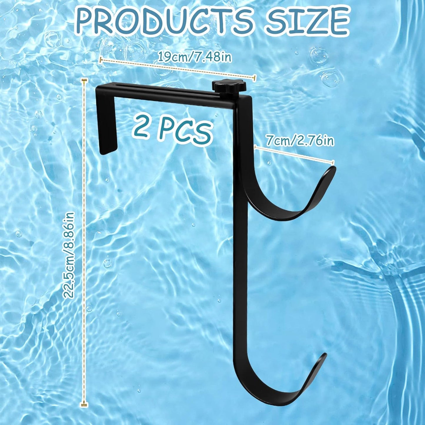 2Pcs Adjustable Pool Pole Hanger, Double Pool Hooks for Poles, Mental Pool Fence Hooks for Hanging Pool Equipment Hooks, Pool Pole Hooks for Pool Skimmer Pole Pool Hose, Wall Pool Tool Holder (Black)