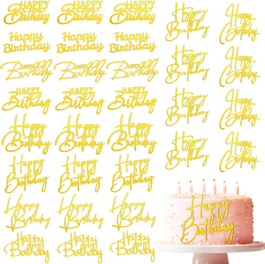50 Pcs Happy Birthday Cake Toppers Bulk Mirror Acrylic Cupcake Topper Cupcake Decorations Happy Birthday Sign for Cake Side Inserts Decor Party Supplies 10 Style(Gold)