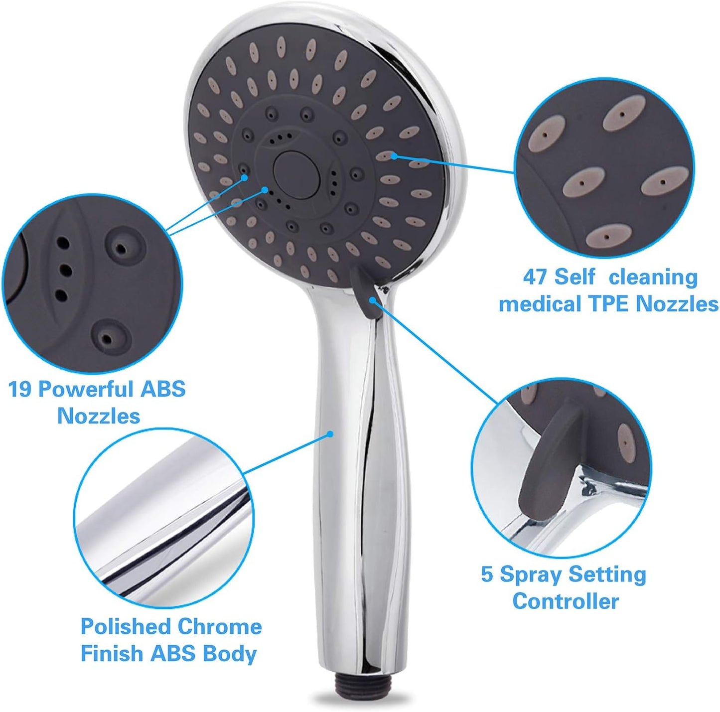 High Pressure Handheld Shower Head  5-Settings Powerful Water Spray Shower Head against Low Pressure Water Flow with Stainless Hose and Adjustable Mount