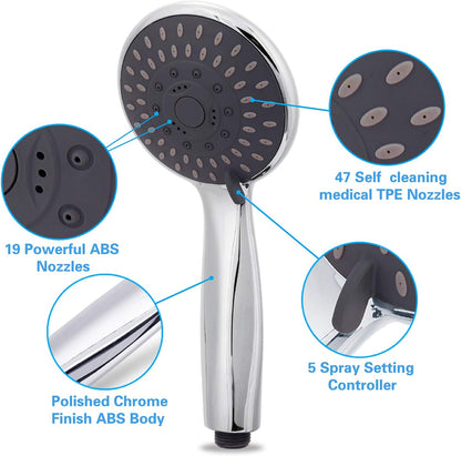 High Pressure Handheld Shower Head  5-Settings Powerful Water Spray Shower Head against Low Pressure Water Flow with Stainless Hose and Adjustable Mount