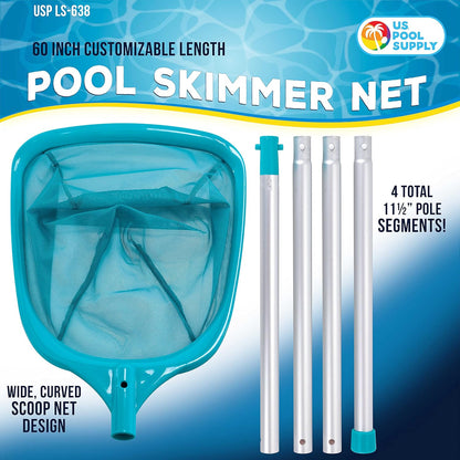Swimming Pool 5 Foot Leaf Skimmer Net with 4 Aluminum Pole Sections - 6" Deep Ultra Fine Mesh Netting Bag Basket for Fast Cleaning of The Finest Debris - 60" Long, Clean Spas, Ponds