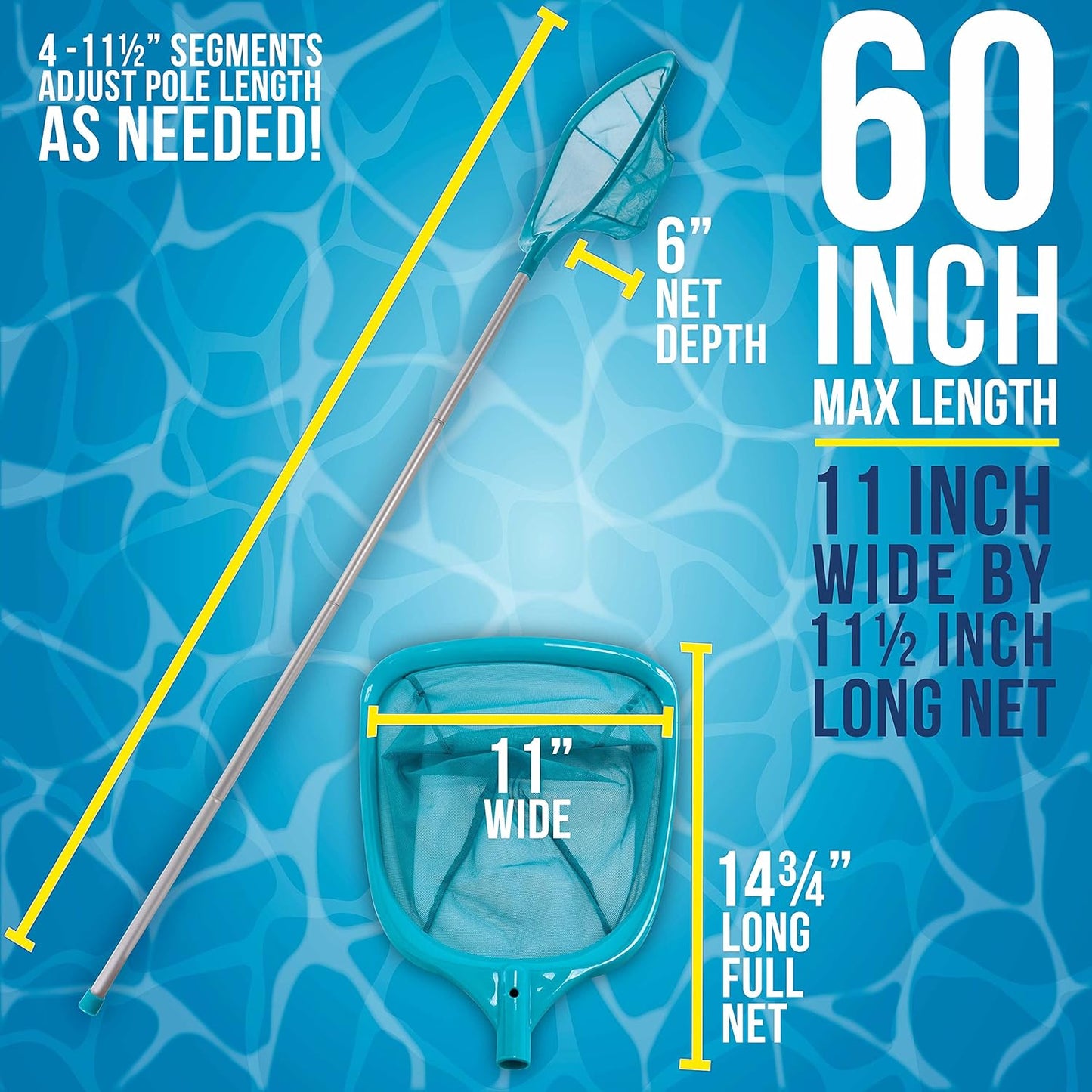 Swimming Pool 5 Foot Leaf Skimmer Net with 4 Aluminum Pole Sections - 6" Deep Ultra Fine Mesh Netting Bag Basket for Fast Cleaning of The Finest Debris - 60" Long, Clean Spas, Ponds