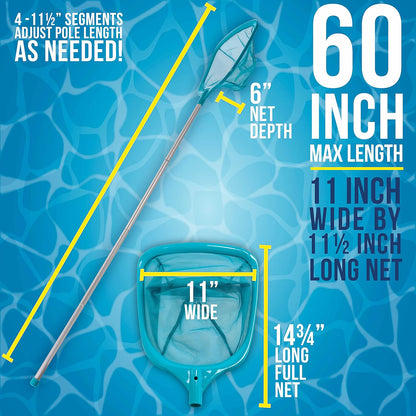 Swimming Pool 5 Foot Leaf Skimmer Net with 4 Aluminum Pole Sections - 6" Deep Ultra Fine Mesh Netting Bag Basket for Fast Cleaning of The Finest Debris - 60" Long, Clean Spas, Ponds