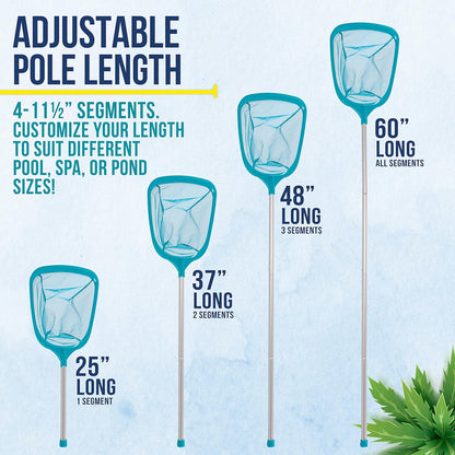 Swimming Pool 5 Foot Leaf Skimmer Net with 4 Aluminum Pole Sections - 6" Deep Ultra Fine Mesh Netting Bag Basket for Fast Cleaning of The Finest Debris - 60" Long, Clean Spas, Ponds