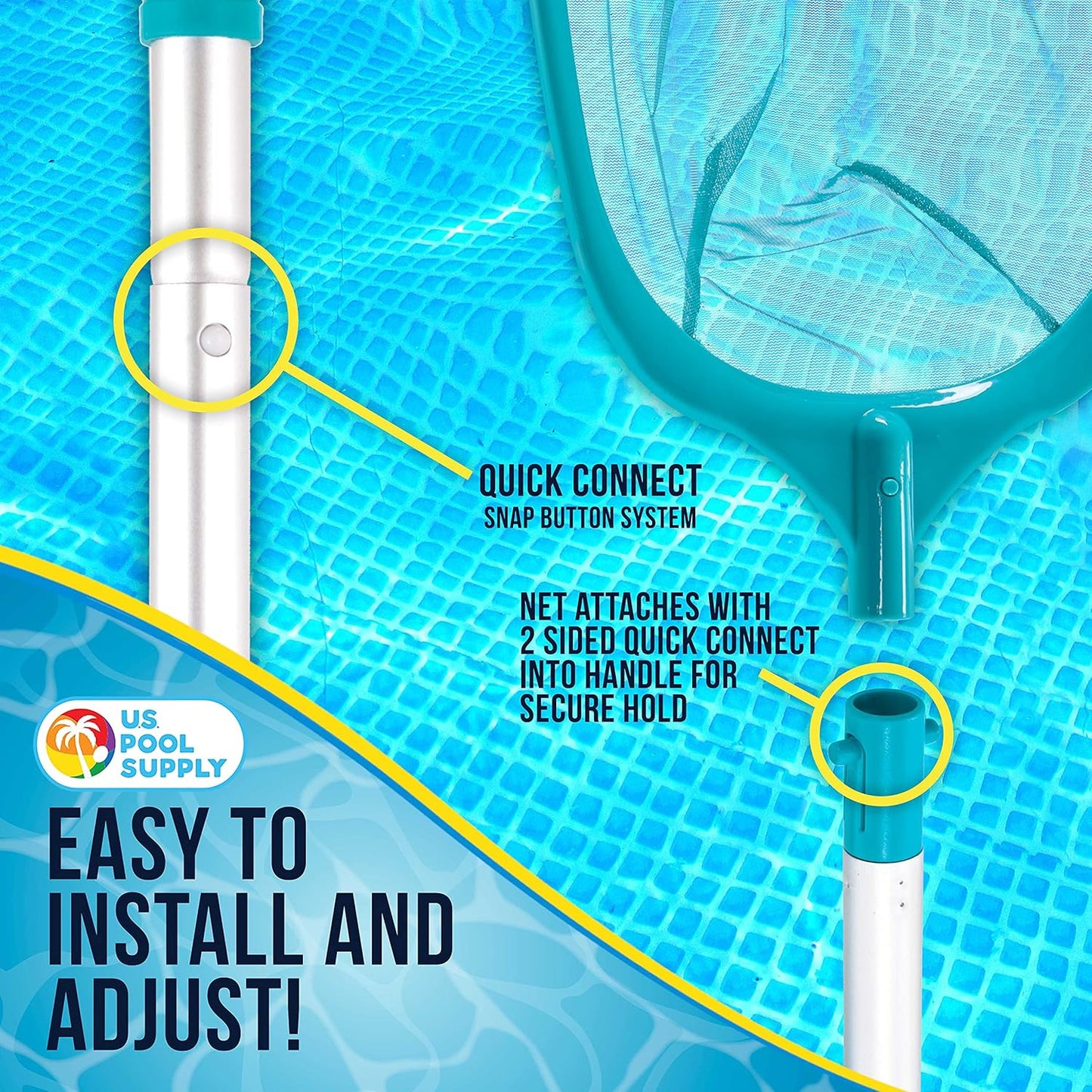 Swimming Pool 5 Foot Leaf Skimmer Net with 4 Aluminum Pole Sections - 6" Deep Ultra Fine Mesh Netting Bag Basket for Fast Cleaning of The Finest Debris - 60" Long, Clean Spas, Ponds