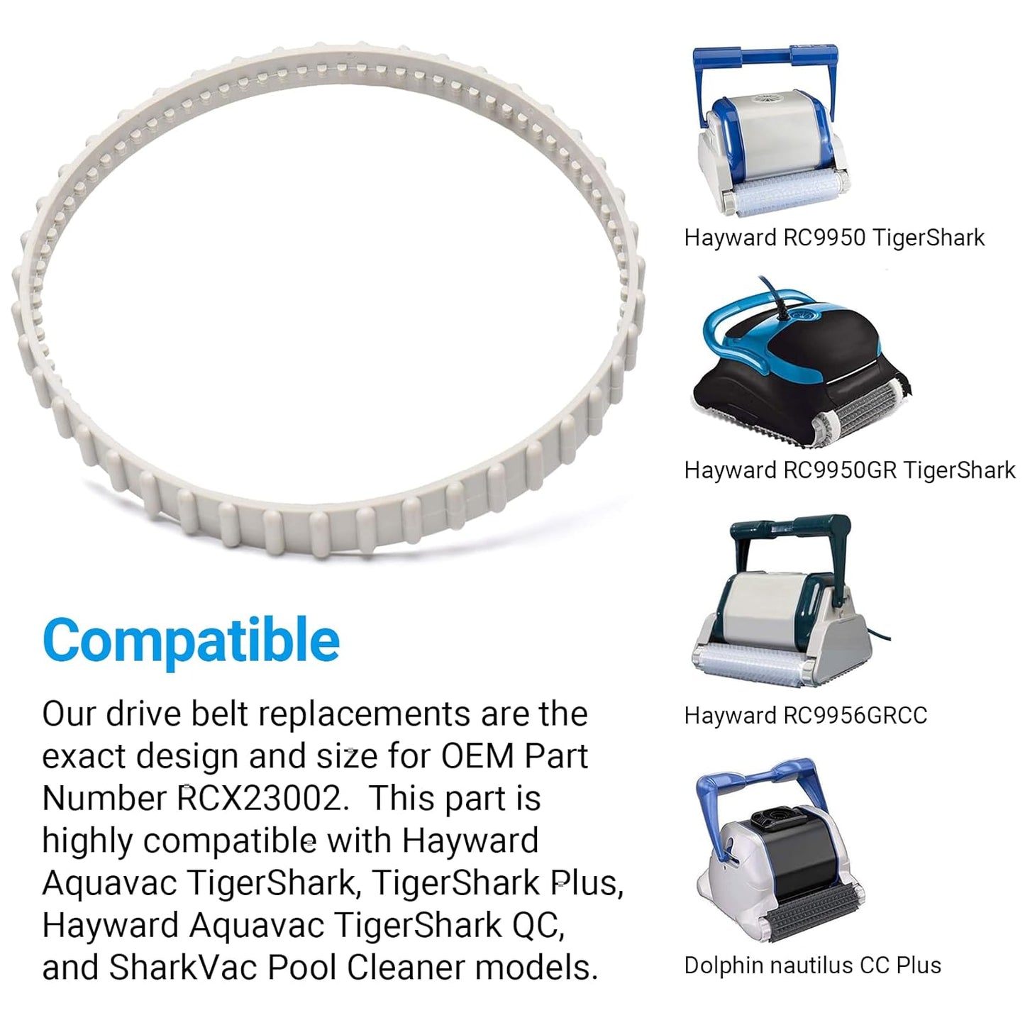 (2 Pack)  RCX23002 Replacement Soft Tread Drive Belt - Premium, Heavy-Duty Rubber Pool Cleaner Parts | Compatible with Aquavac Tiger Shark (Plus and QC) and SharkVac Pool Cleaners