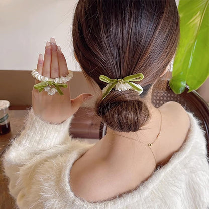 Elegant Lily of the Valley Floral Hair Ties - 2 Pack Flower Hair Bands - Elastic Ponytail Holders Hair Tie No Damage Hair Accessories for Woman Girls Kids Gifts