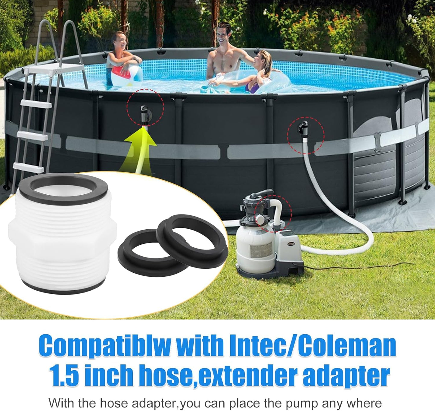 Pool Hose Connector for Intex Coleman Swimming Pool Pump Hose Extender Adapter with 11228 11412 L-Shape O-Ring Gasket | 2 Hose Connector 8 Sealing Rings