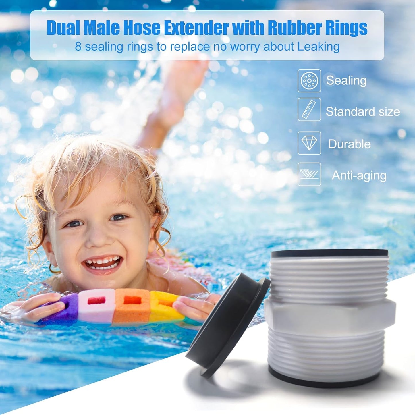 Pool Hose Connector for Intex Coleman Swimming Pool Pump Hose Extender Adapter with 11228 11412 L-Shape O-Ring Gasket | 2 Hose Connector 8 Sealing Rings
