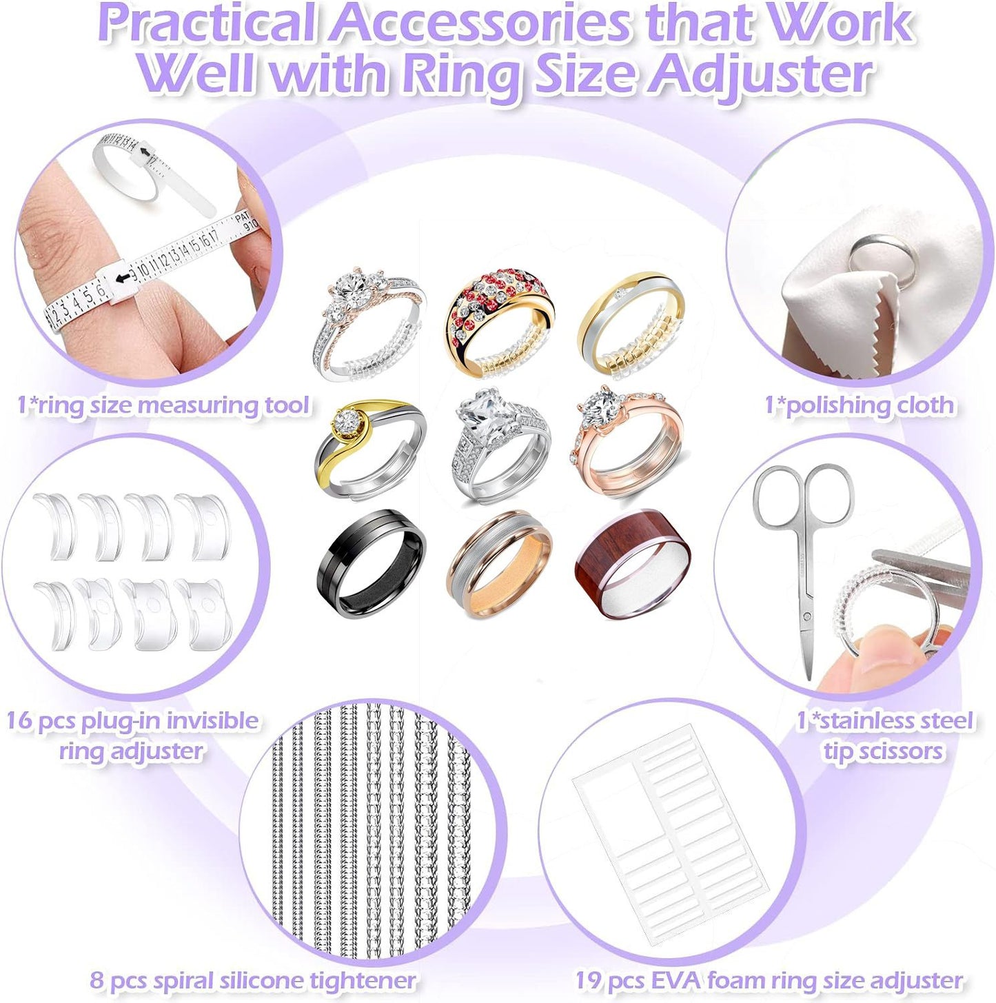 Ring Size Adjuster Kit 23-Pack - Ring Sizer Tool with Measuring Gauge - Resizer Spiral for Loose Rings - Stainless Steel Polishing Cloth