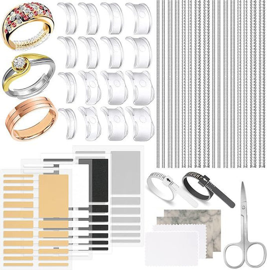 Ring Size Adjuster Kit 41-Pack - Ring Sizer Tool with Measuring Gauge - Resizer Spiral for Loose Rings - Stainless Steel Polishing Cloth