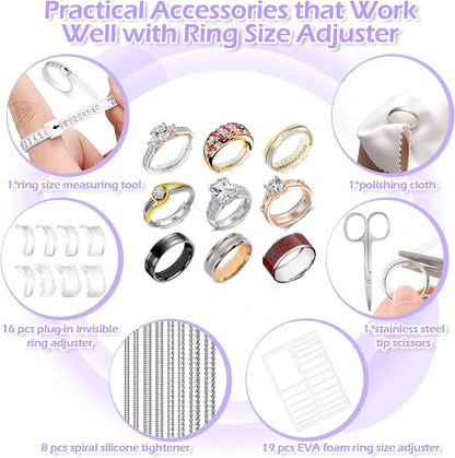 Ring Size Adjuster Kit 41-Pack - Ring Sizer Tool with Measuring Gauge - Resizer Spiral for Loose Rings - Stainless Steel Polishing Cloth