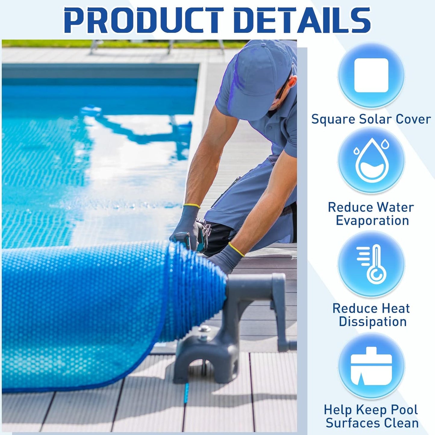 8 x ft Pool Hot Tub Solar Cover, 16 Mil Heavy Duty Trimmable Floating Thermal Blanket Spa Bubble Cover for Inground Pools Swimming Insulating Heating  Feet