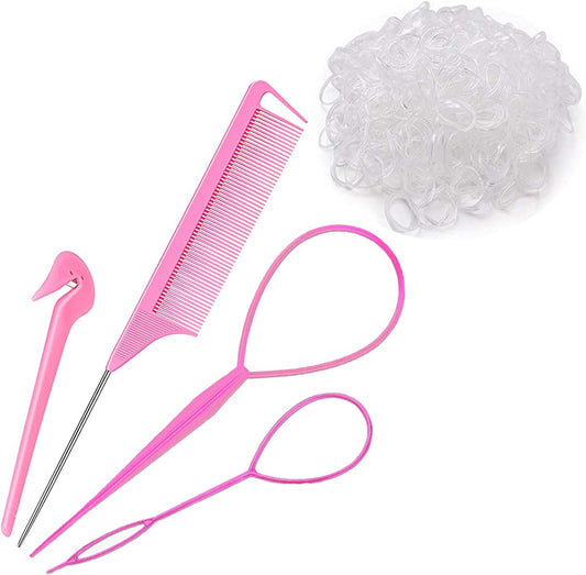Hair Loop Styling Tool Set with 1000 Pcs Clear Mini Elastic Hair Bands 1 Pcs Rat Tail Combs for Braiding Styling 2 Pcs Hair Pull Through Tool 1 Pcs Hair Band Cutter - Pink