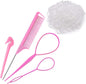 Hair Loop Styling Tool Set with 1000 Pcs Clear Mini Elastic Hair Bands 1 Pcs Rat Tail Combs for Braiding Styling 2 Pcs Hair Pull Through Tool 1 Pcs Hair Band Cutter - Pink