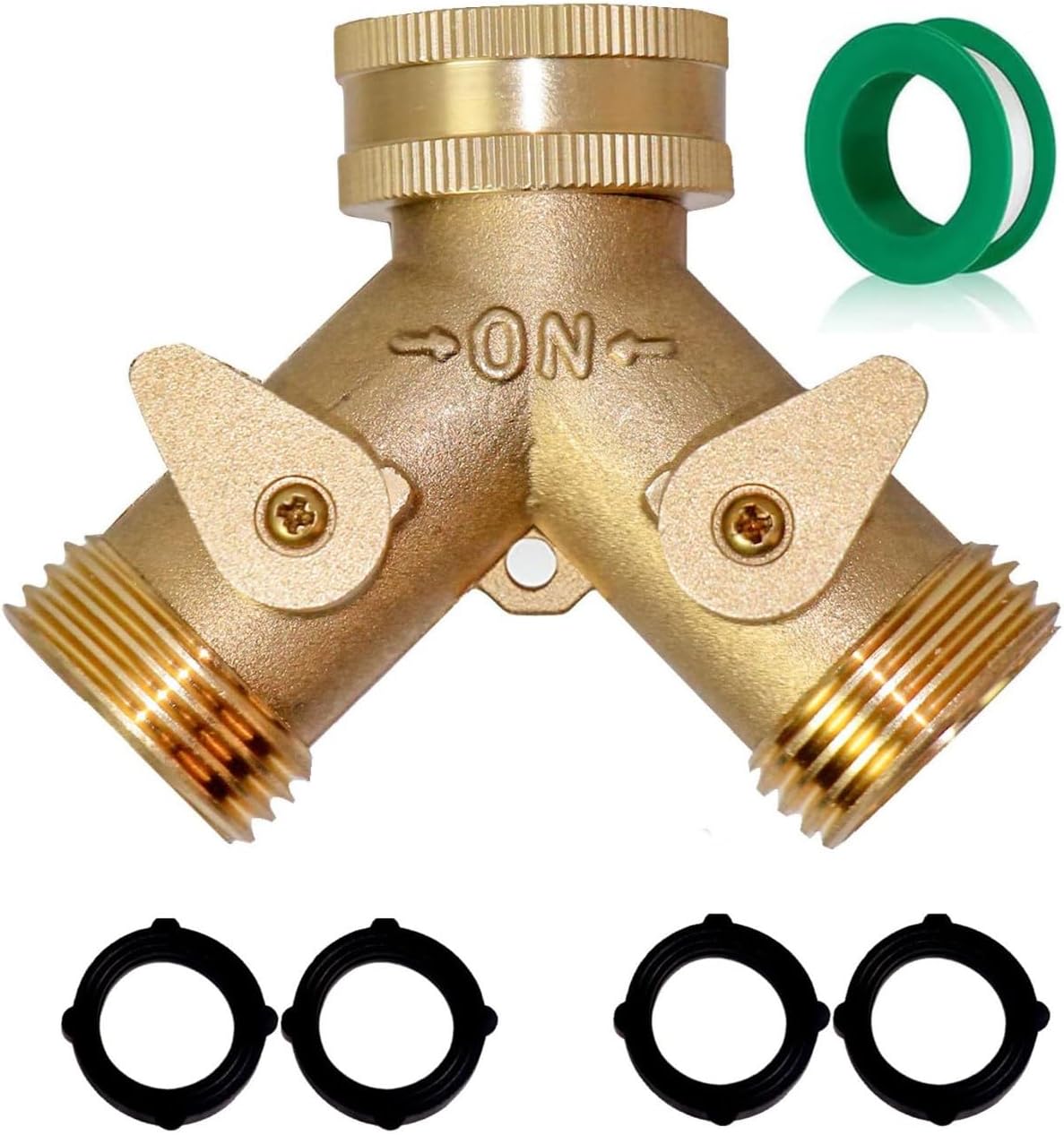 2 Way Heavy Duty Brass Garden Hose Connector Tap Splitter for Lawn and Garden - Outlet Splitter, Hose Splitter, Hose Spigot Adapter with 2 Valves, Plus 4 Extra Rubber Washers