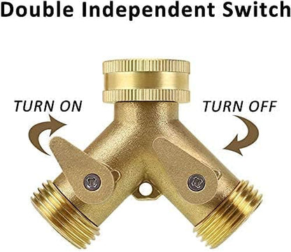 2 Way Heavy Duty Brass Garden Hose Connector Tap Splitter for Lawn and Garden - Outlet Splitter, Hose Splitter, Hose Spigot Adapter with 2 Valves, Plus 4 Extra Rubber Washers