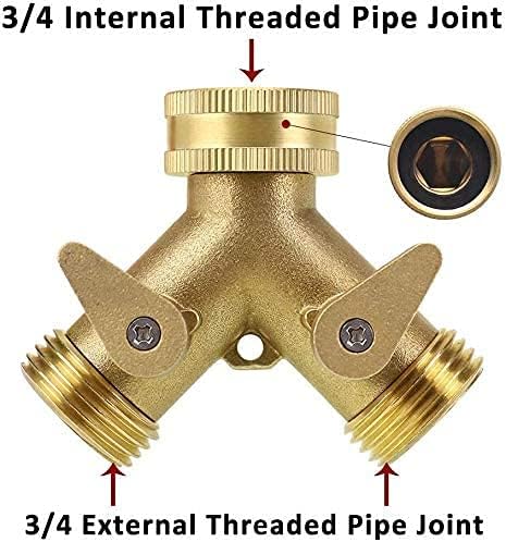 2 Way Heavy Duty Brass Garden Hose Connector Tap Splitter for Lawn and Garden - Outlet Splitter, Hose Splitter, Hose Spigot Adapter with 2 Valves, Plus 4 Extra Rubber Washers