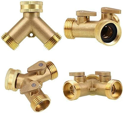 2 Way Heavy Duty Brass Garden Hose Connector Tap Splitter for Lawn and Garden - Outlet Splitter, Hose Splitter, Hose Spigot Adapter with 2 Valves, Plus 4 Extra Rubber Washers
