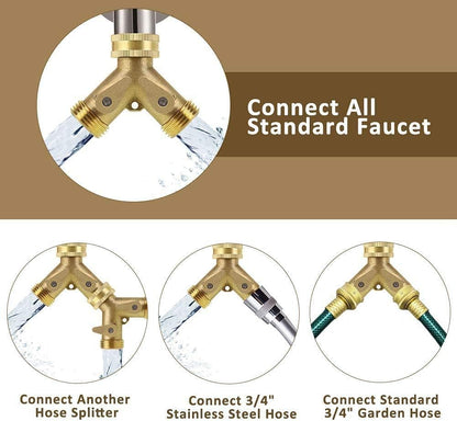 2 Way Heavy Duty Brass Garden Hose Connector Tap Splitter for Lawn and Garden - Outlet Splitter, Hose Splitter, Hose Spigot Adapter with 2 Valves, Plus 4 Extra Rubber Washers