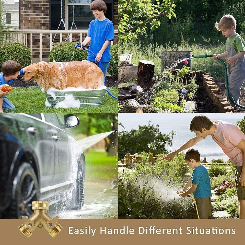 2 Way Heavy Duty Brass Garden Hose Connector Tap Splitter for Lawn and Garden - Outlet Splitter, Hose Splitter, Hose Spigot Adapter with 2 Valves, Plus 4 Extra Rubber Washers