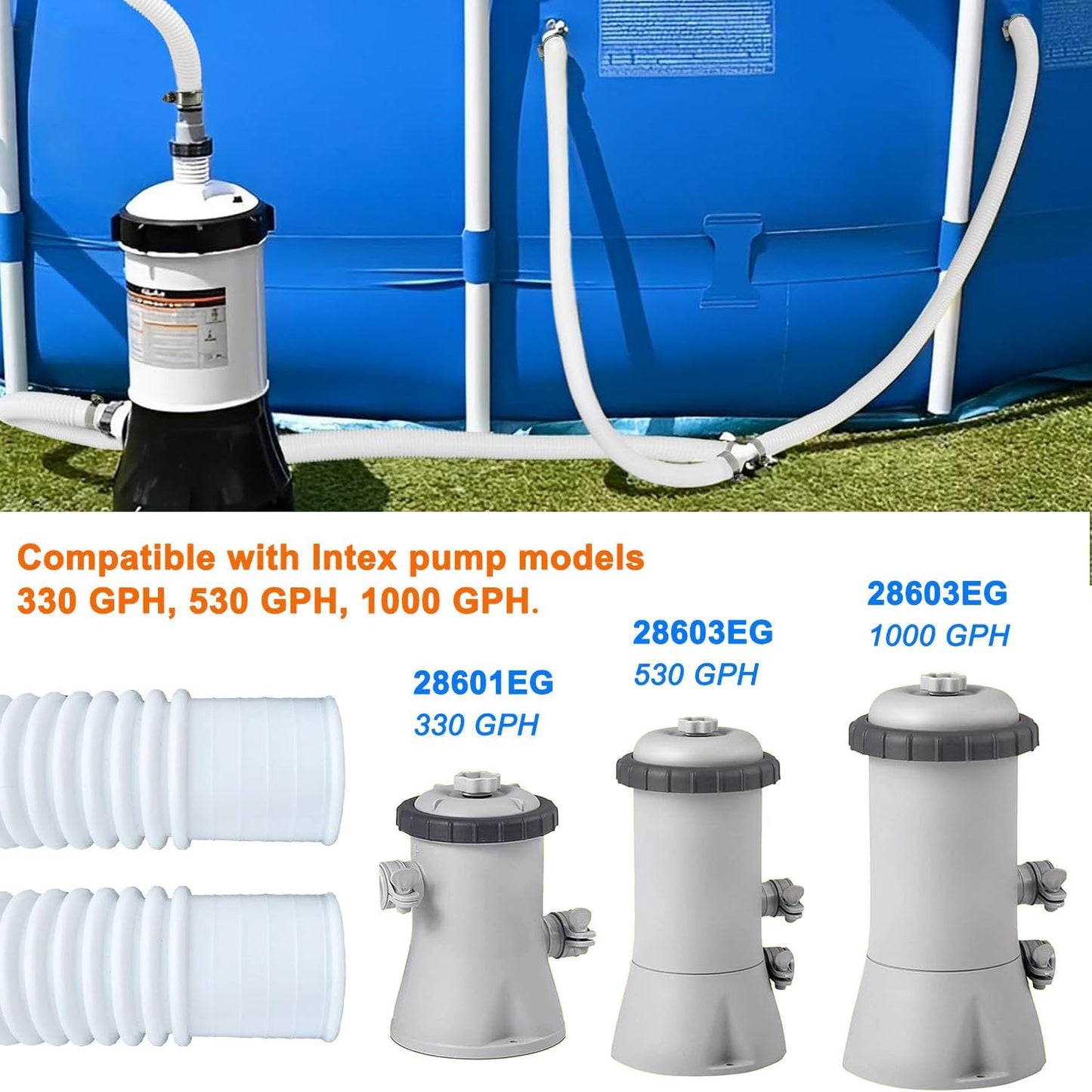 2 Pack 1.25" x 59" Pool Hose, Swimming Pool Replacement Hoses for Above Ground Pools, Pool Pump Hose for Intex Filter Pump 607, 637, 330GPH, 530GPH, 1000GPH, with 4 Metal Clamps