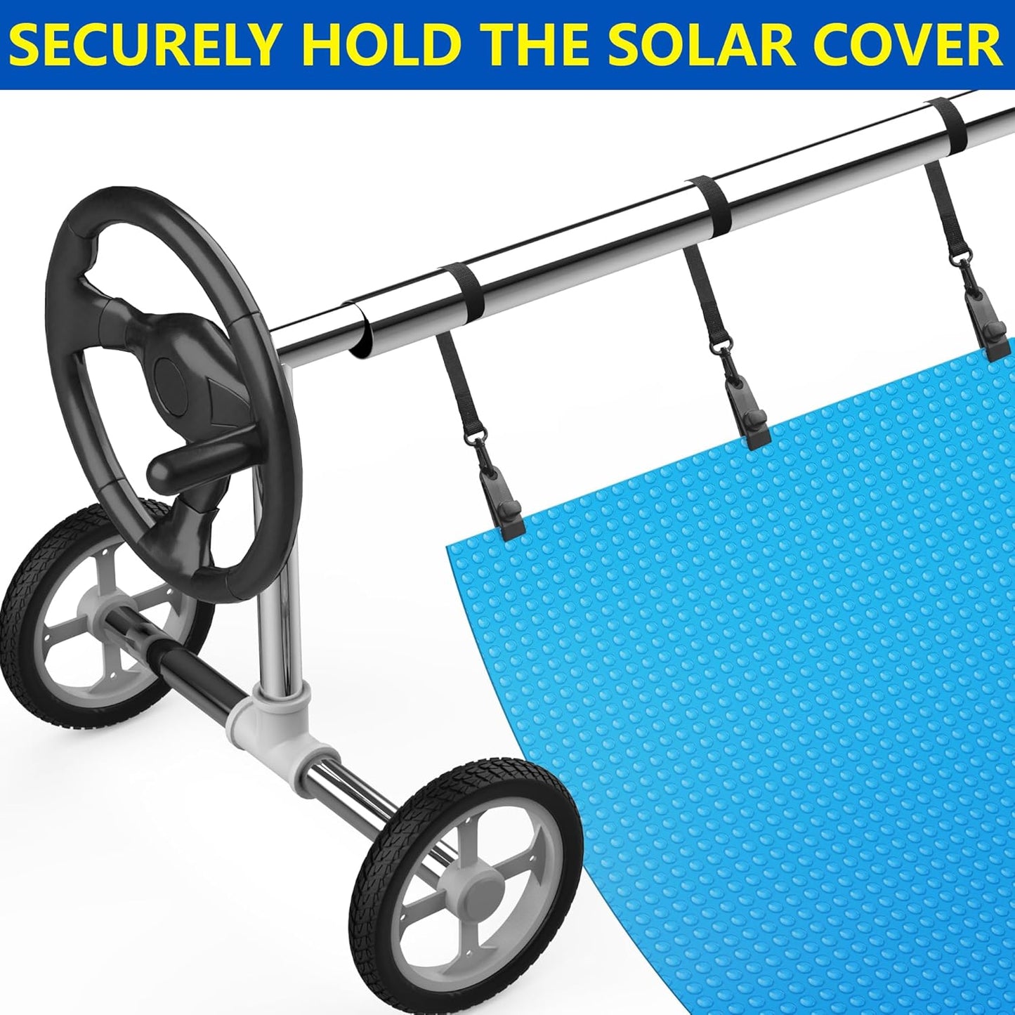 24 Pcs Pool Solar Cover Reel Attachment Kit, Inground Swimming Pool Solar Cover Straps and Clips, Solar Blanket Straps Kit Including 8 Straps with Hooks, 8 Clips and 8 Touch Fastener