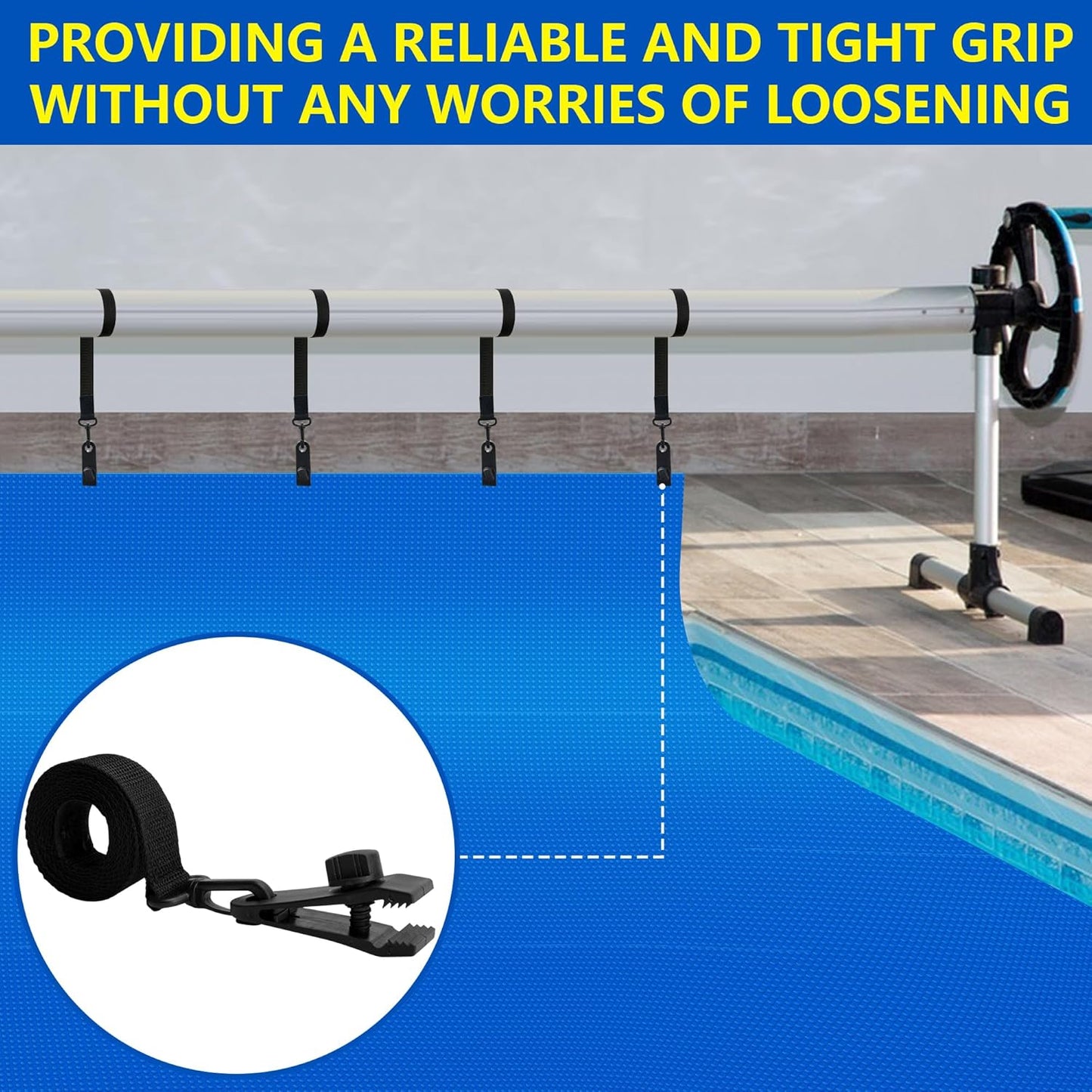 24 Pcs Pool Solar Cover Reel Attachment Kit, Inground Swimming Pool Solar Cover Straps and Clips, Solar Blanket Straps Kit Including 8 Straps with Hooks, 8 Clips and 8 Touch Fastener