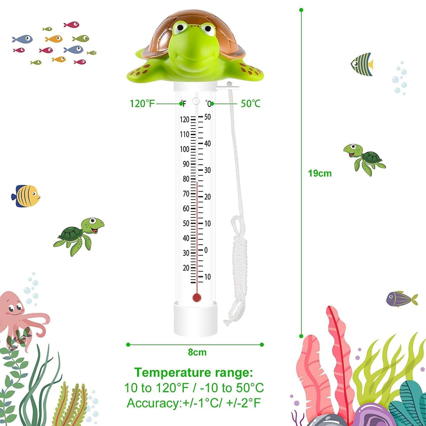 Floating Pool Thermometer, Large Size Easy Read for Water Temperature with String for Outdoor & Indoor Swimming Pools and Spas, Hot Tubs & Aquariums（Turtle）