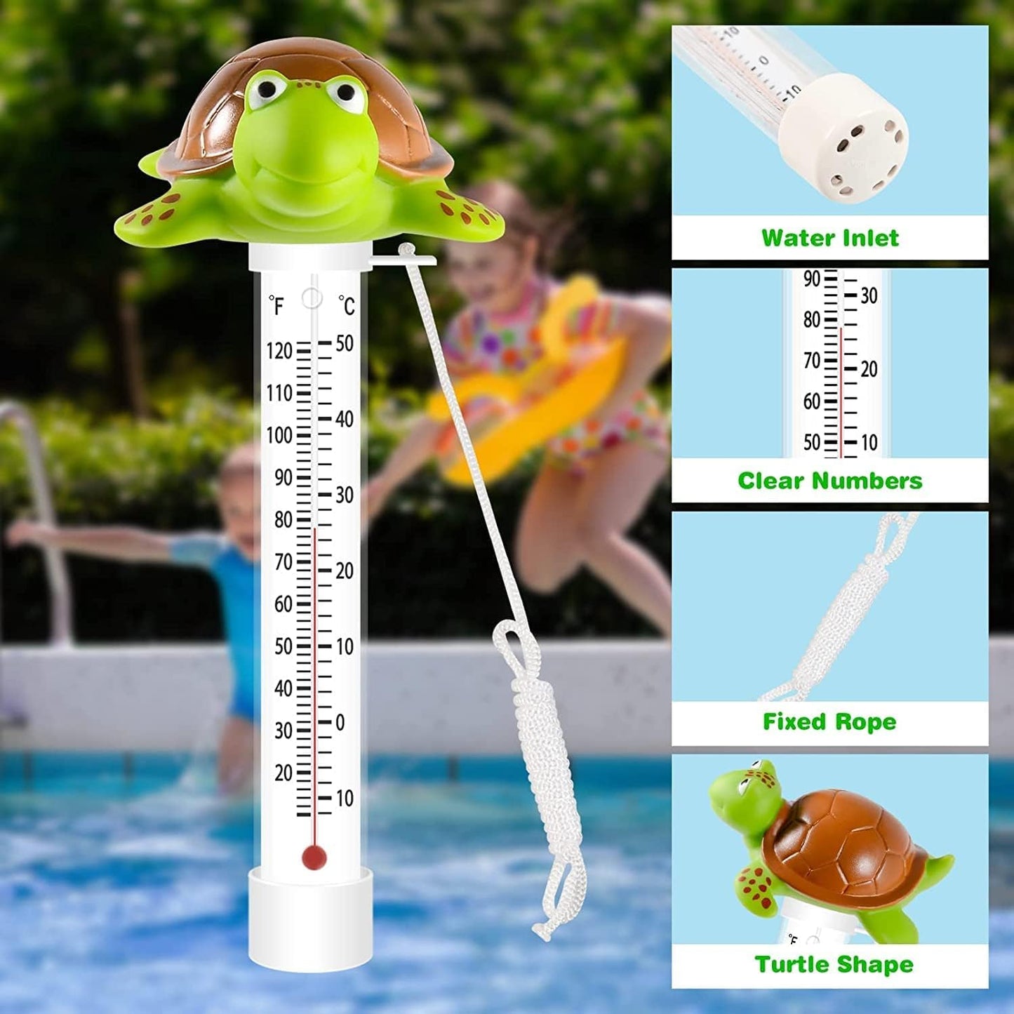 Floating Pool Thermometer, Large Size Easy Read for Water Temperature with String for Outdoor & Indoor Swimming Pools and Spas, Hot Tubs & Aquariums（Turtle）