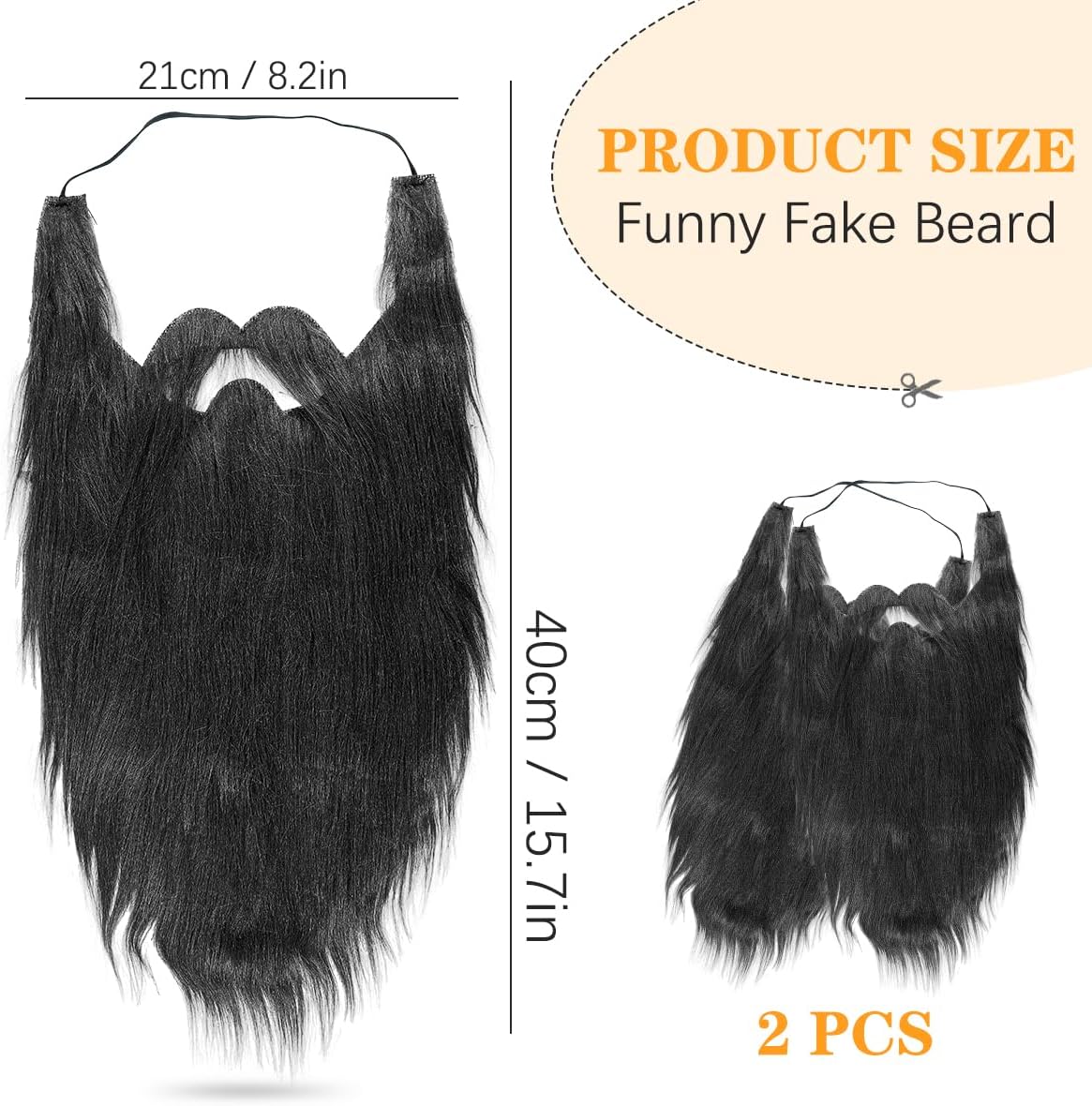 2Pcs Fake Mustache Funny Fake Beard Halloween Decoration Long Fake Moustache Elastic Band Simulation Beard Facial Hair Party Cosplay Costume Accessories (Black)