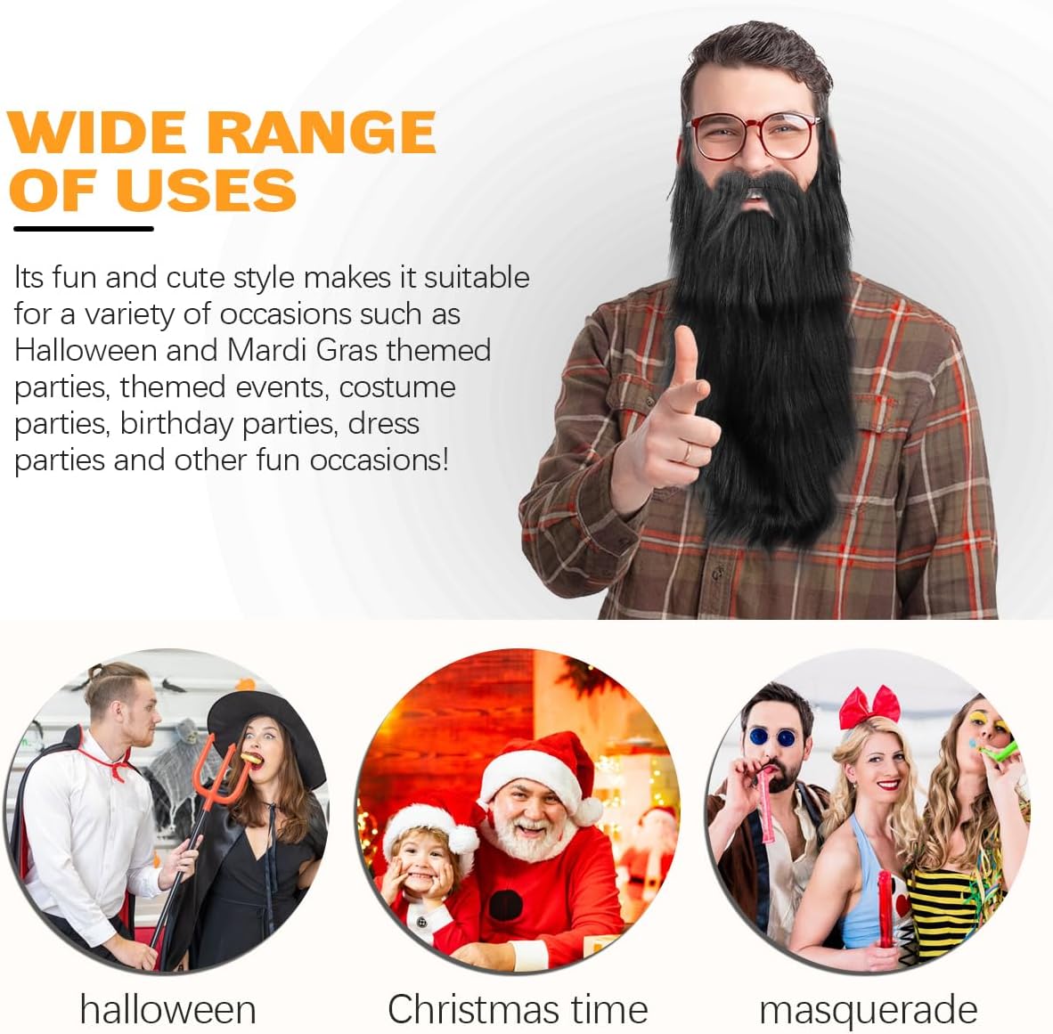 2Pcs Fake Mustache Funny Fake Beard Halloween Decoration Long Fake Moustache Elastic Band Simulation Beard Facial Hair Party Cosplay Costume Accessories (Black)
