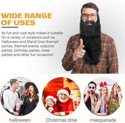 2Pcs Fake Mustache Funny Fake Beard Halloween Decoration Long Fake Moustache Elastic Band Simulation Beard Facial Hair Party Cosplay Costume Accessories (Black)