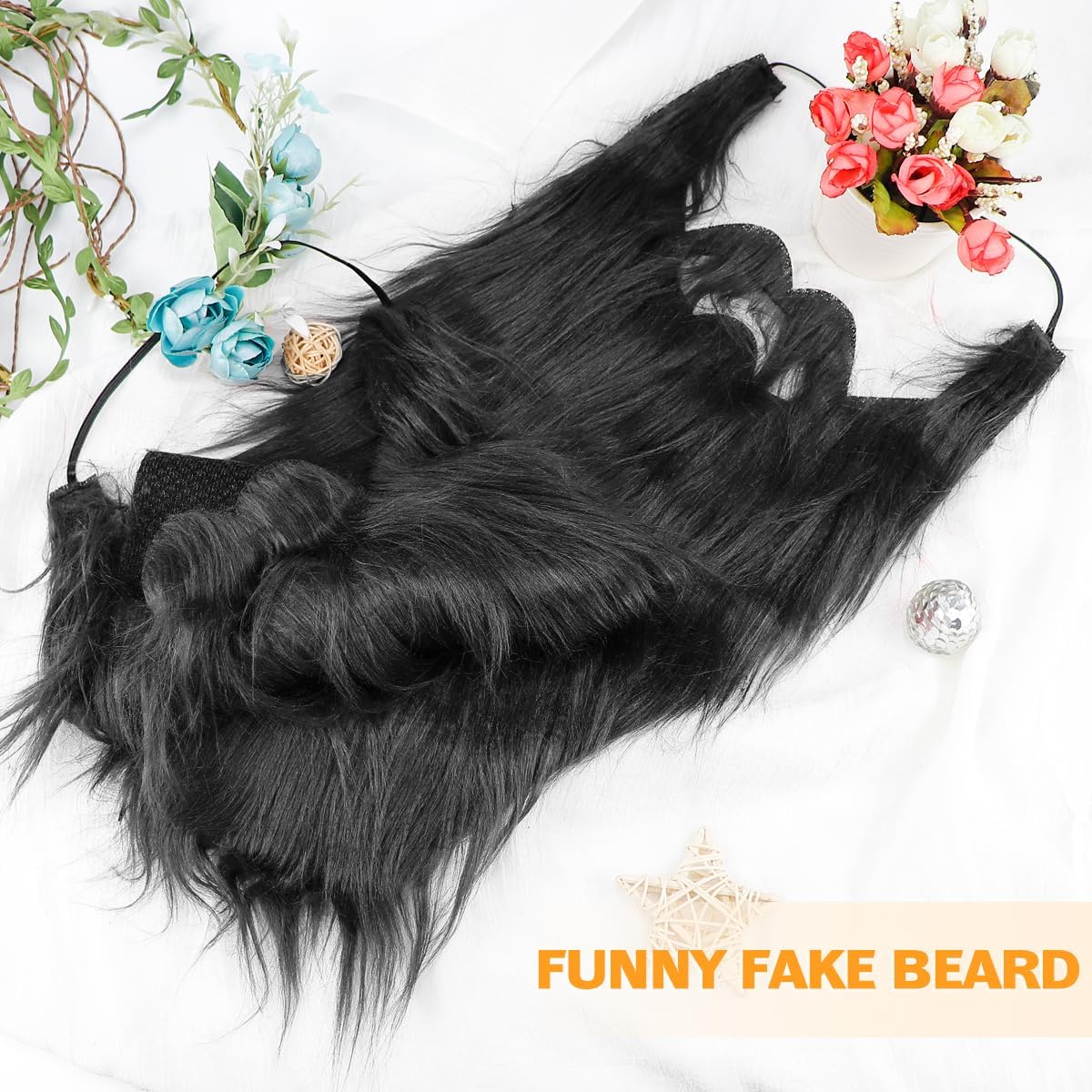 2Pcs Fake Mustache Funny Fake Beard Halloween Decoration Long Fake Moustache Elastic Band Simulation Beard Facial Hair Party Cosplay Costume Accessories (Black)