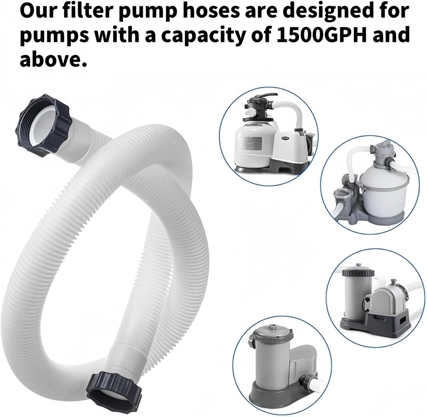 1.5" Diameter Pool Pump Replacement Hose Compatible with Intex 1500-2500 GPH Pumps, Sand Filters & Saltwater Systems Heavy-Duty 59" Garden Hose for Above Ground Pools (1-Pack)