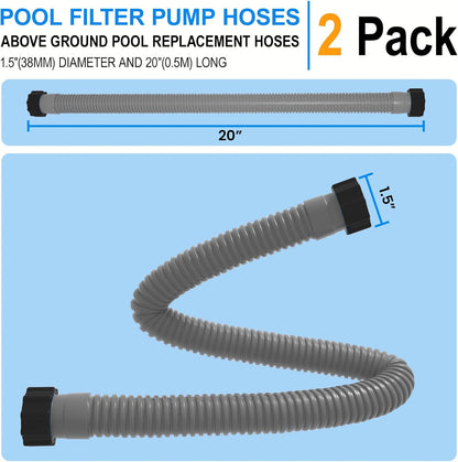 1.5" x 20" Pool Hose Replacement, Pack of 2 - Compatible with Above Ground Pools Filter Pump Hoses, Sand Filters, Saltwater Systems (1,500-2,500 GPH), Grey Gray