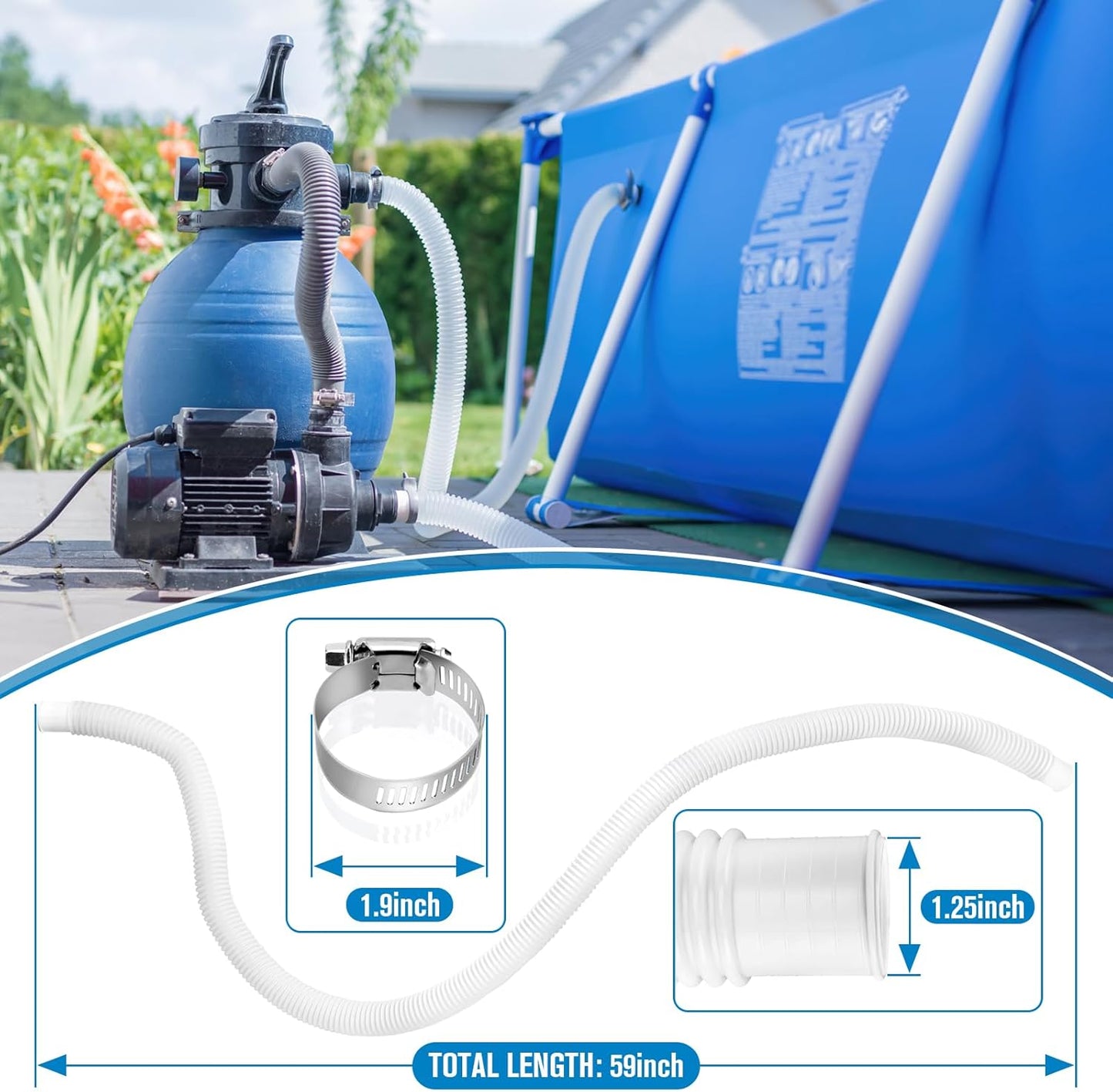 Pool Hoses for Above Ground Pools,1.25 x 59 Inch Filter Hose,Compatible with Intex Pump 607,637 With 8 Metal Clamps (3 Pack) (3) -