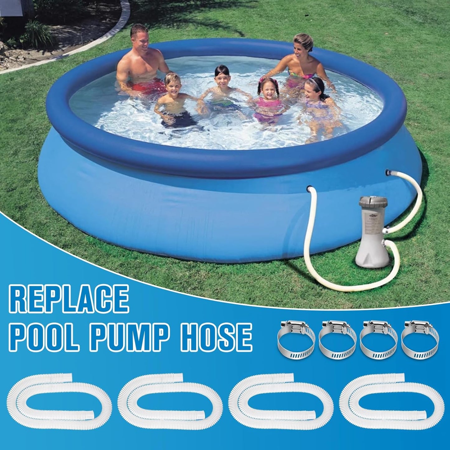 Pool Hoses for Above Ground Pools,1.25 x 59 Inch Filter Hose,Compatible with Intex Pump 607,637 With 8 Metal Clamps (3 Pack) (3) -