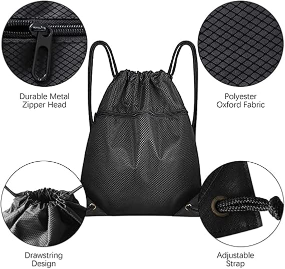 Drawstring sports bag - large sports bag with PE pocket and external zip - waterproof drawstring swim backpack for men, women, boys and girls - sports, school, beach holiday, swimming, travel, yoga