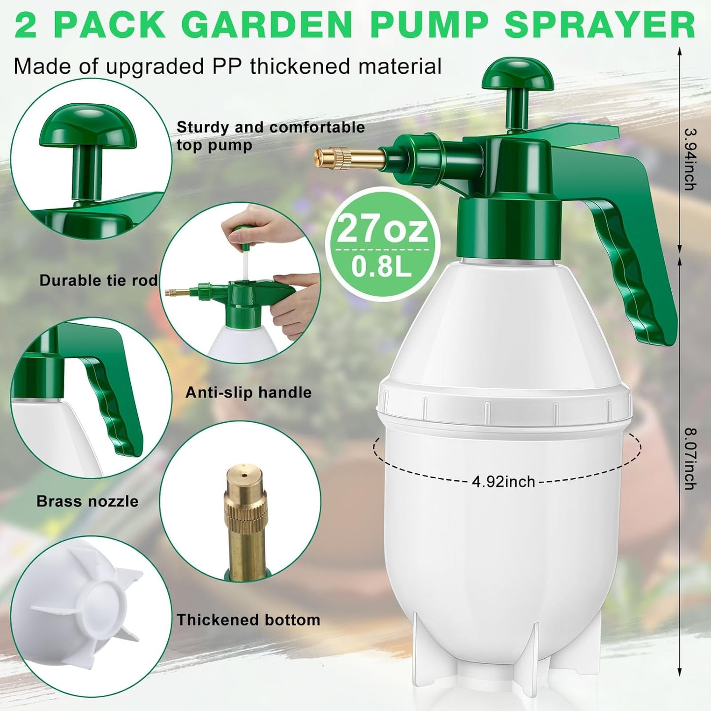 2 Pcs 27 oz Handheld Pump Spray Bottle Garden Mister Spray Bottles Lawn Pressure Hand Pump Sprayer with Adjustable Nozzle for Chemicals Watering Weeds Plants and Cleaning (Green)