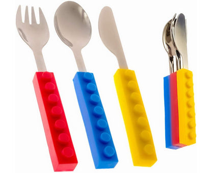 Set of 3 Interlocking Block Babies Silverware - Babies Fork and Spoon Set with Babies Knife for Babies - Non-BPA Babies Cutlery and Babies secure Stainless Ste