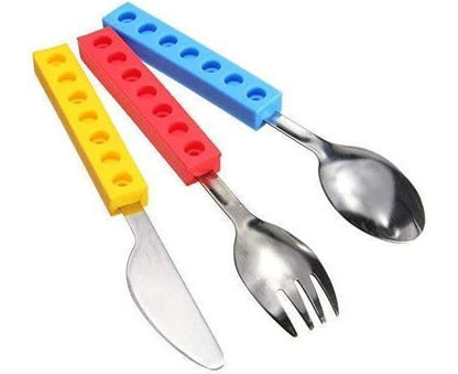 Set of 3 Interlocking Block Babies Silverware - Babies Fork and Spoon Set with Babies Knife for Babies - Non-BPA Babies Cutlery and Babies secure Stainless Ste