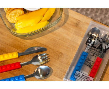 Set of 3 Interlocking Block Babies Silverware - Babies Fork and Spoon Set with Babies Knife for Babies - Non-BPA Babies Cutlery and Babies secure Stainless Ste