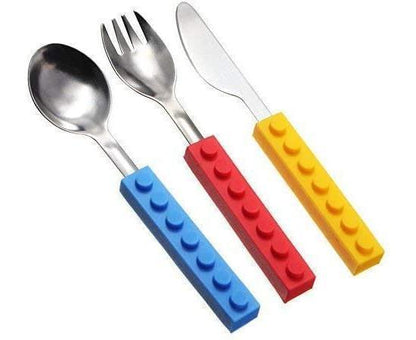 Set of 3 Interlocking Block Babies Silverware - Babies Fork and Spoon Set with Babies Knife for Babies - Non-BPA Babies Cutlery and Babies secure Stainless Ste